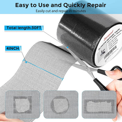 Secopad Grey Window Screen Repair Kit, 4 in X 30 FT (360IN) Screen Repair Tape for Windows or Doors, Strong Adhesive Fiberglass Mesh Patch Tape
