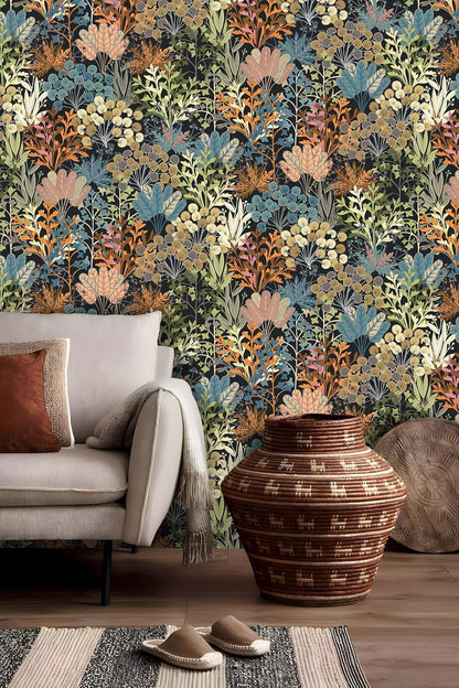 Wallpaper Peel and Stick Floral Wall Paper Removable Waterproof Navy/Pink/Orange Contact Paper for Bedroom, Bathroom,Bathroom, Home Wall 17.3" x 118"