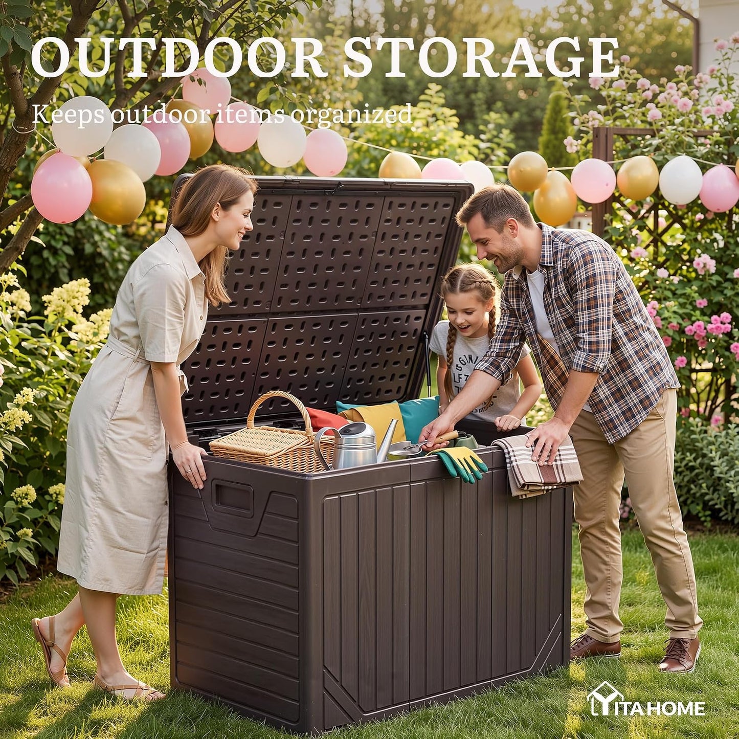 YITAHOME 100 Gallon Large Outdoor Deck Box | Waterproof Resin Storage Box, Lockable Indoor Outdoor Storage Container for Patio Furniture Cushions, Pool Accessories
