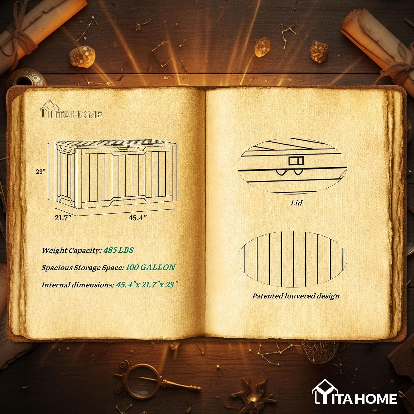 YITAHOME 95 Gallon Outdoor Storage Deck Box | Waterproof Resin Deck Box w/Handles, Lockable Outdside Deck Box for Patio Furniture, Garden Tools, Lockable & UV