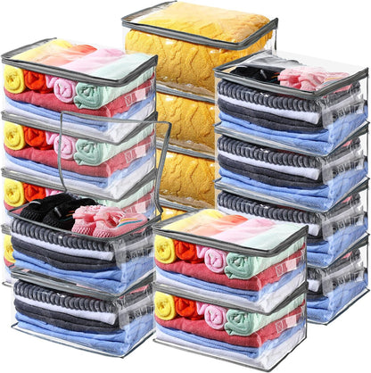 Windyun 16 Pack Clear Storage Bags with Zipper and Handle for Clothes Heavy Duty Plastic Blanket Clothes Moving Bags Cloth Bins for Blanket Comforter Clothing Toys (Grey Edge)