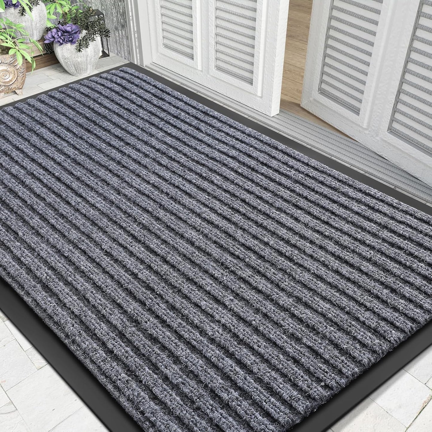 Yimobra Welcome Mat, Heavy Duty Sturdy Door Mats for Home Entrance Outdoor Indoor, Front Doormat for Outside Patio Floor Entry Porch Garage Office, Waterproof, Low Profile, 29.5x17, Black Grey