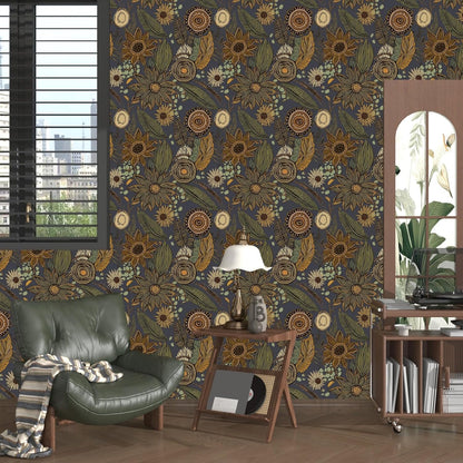Blue Wallpaper Peel and Stick,Vintage Boho Floral Contact Paper 17.5" x 118", Retro Botanical Flower Wall Paper Self Adhesive Removable Waterproof for Walls Shelves Cabinet Table (Blue,Yellow, Green)