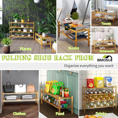 BMOSU 2-Tier Bamboo Small Shoe Rack Premium Stackable Shoe Shelf Storage Organizer for Hallway Closet Living Room Entryway Organizer (Black Bamboo)