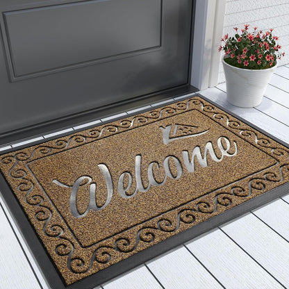 Yimobra Welcome Mat, Heavy Duty Sturdy Door Mats for Home Entrance Outdoor Indoor, Front Doormat for Outside Patio Floor Entry Porch Garage Office, Waterproof, Low Profile, 29.5x17, Black Grey
