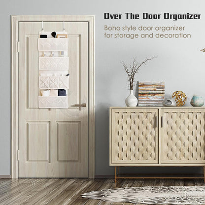 janebeauties Over the Door Organizer Macrame Boho Nursery Storage with 4 Large Woven Pockets, Hanging Basket for Bathroom, Nursery & Closet Doors, Behind the Door Storage Organizer, Cream White