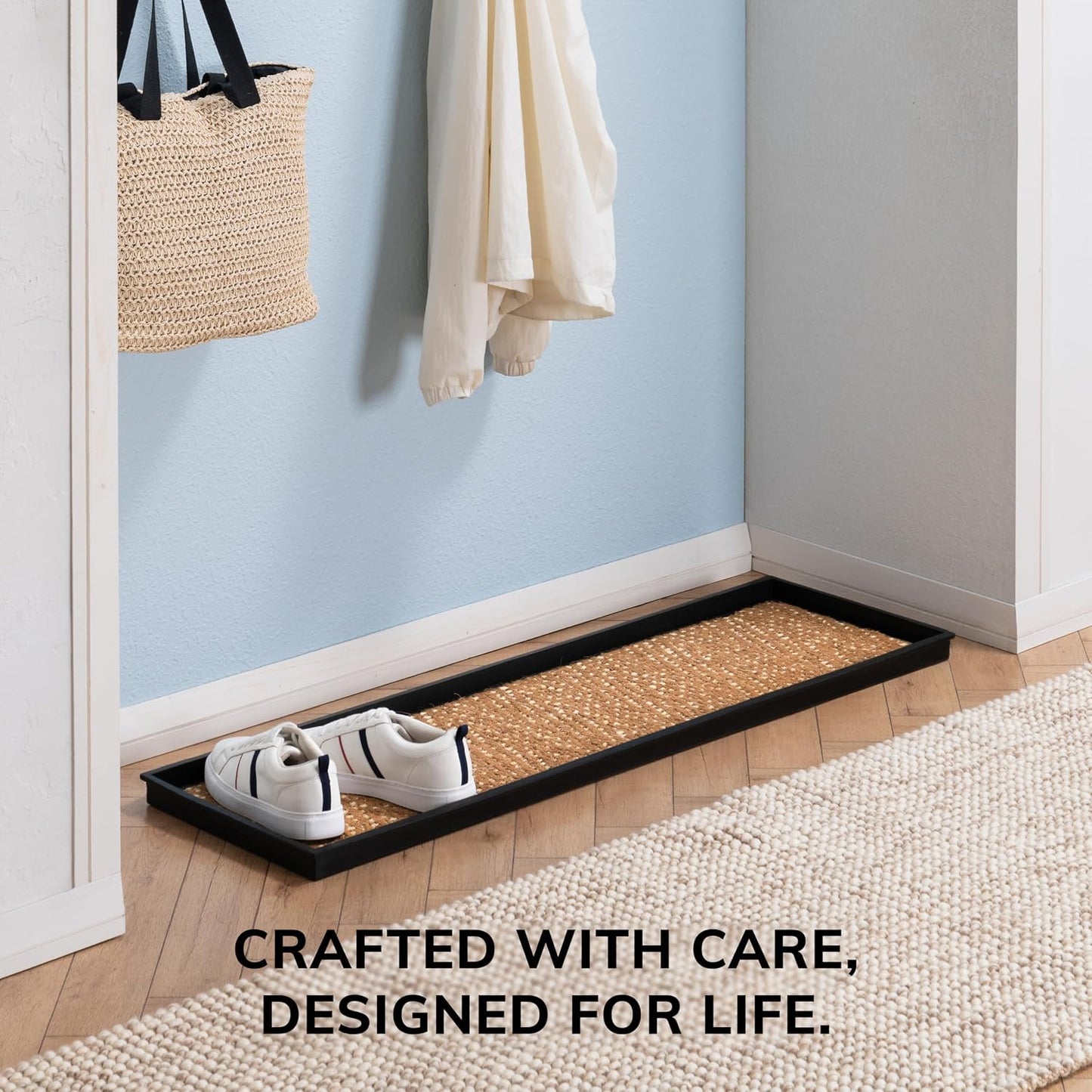 Anji Mountain Heavy Duty Waterproof Rubber Shoe Storage Mat Organizer/Boot Storage Tray Multi Use for Entryway with Coir, Tan Insert, Fits 4 Pair (46.5" Wide)