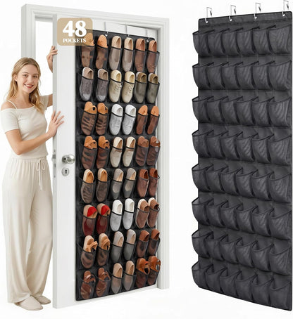 48 Pockets Over the Door Shoe Organizer, Large Mesh Hanging Shoe Rack, 6-Column Heavy Duty Shoe Storage for Sneakers and Heels, Behind Door Holder for Entryway Bedroom Dorm College, Black