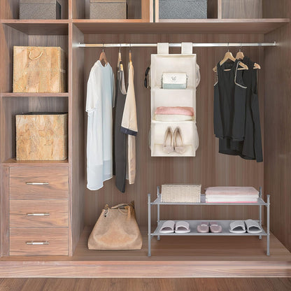 MAX Houser 3 Tier Shelf Hanging Closet Organizer, Space Saver,Closet Hanging Shelf with 2 Sturdy Hooks for Storage, Foldable (Grey)