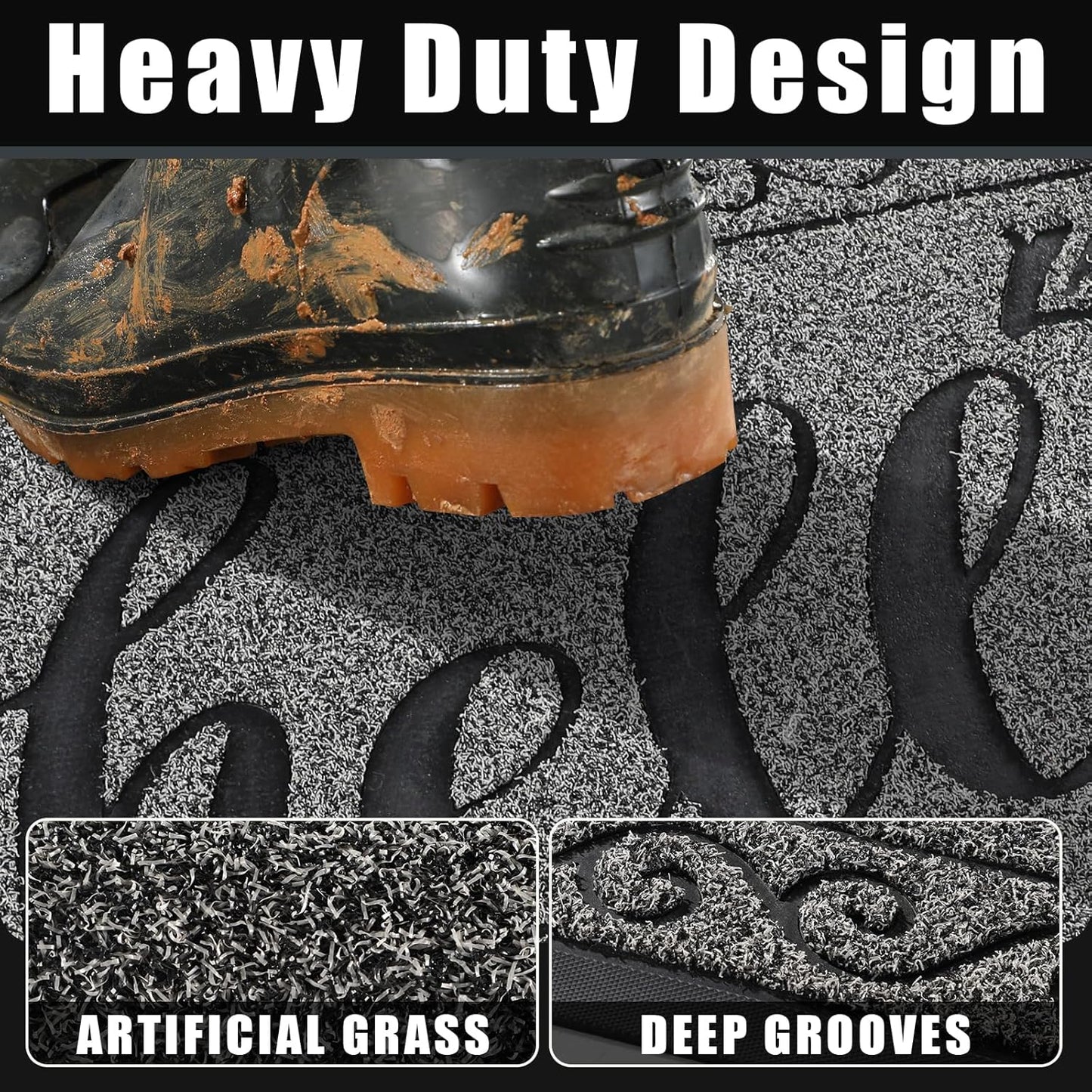 Yimobra Welcome Mat, Heavy Duty Sturdy Door Mats for Home Entrance Outdoor Indoor, Front Doormat for Outside Patio Floor Entry Porch Garage Office, Waterproof, Low Profile, 29.5x17, Black Grey
