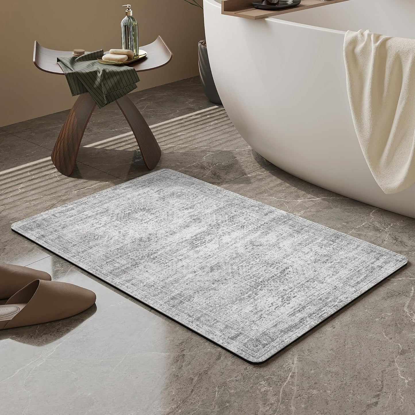 Mecko Bath Mat Rug, Rubber Non-Slip Quick Dry Absorbent Thin Bathroom Rugs Fit Under Door Bathroom Floor Mats-Shower Rug for in Front of Bathtub, Sink, Shower Room(Light Grey,16"x24")