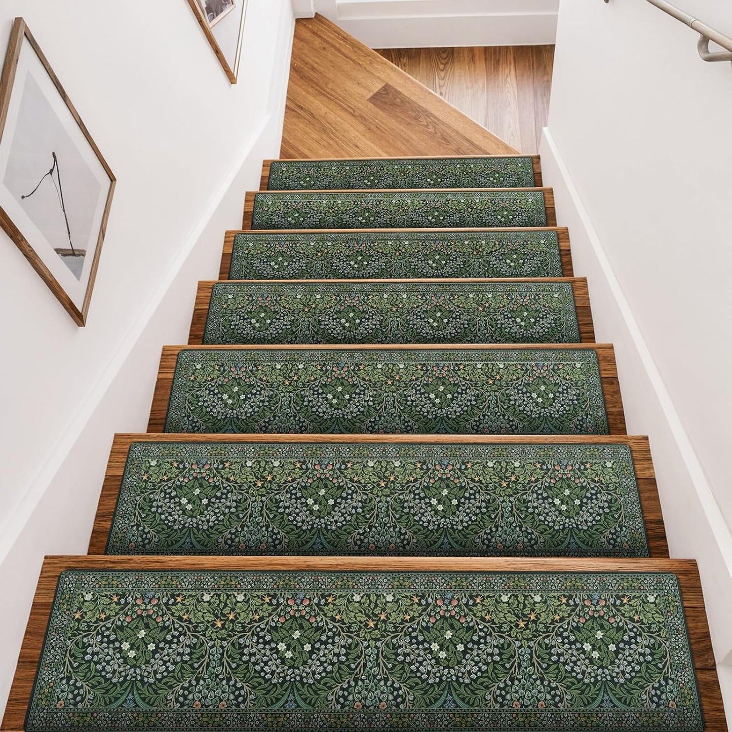 OJIA Floral Stair Treads Non-Slip Stair Runner for Wooden Steps Indoor 15PCS 30"x8" Carpet Stair Treads Stair Mats Staircase Step Treads for Kids, Elders and Dogs, Stair Covers, Black