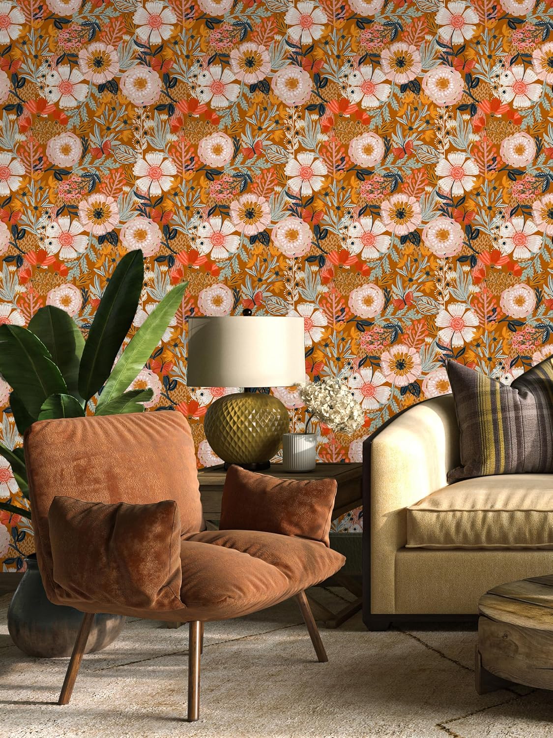 HAOKHOME Boho Peel and Stick Wallpaper Floral Wall Paper Removable for Bedroom Navy/Pink/Orange Contact Paper 17.7in x 9.8ft