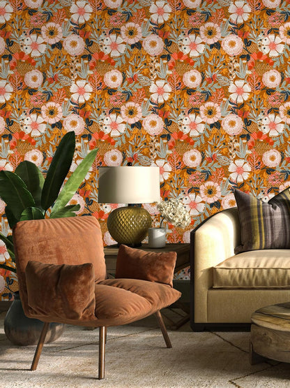 HAOKHOME Boho Peel and Stick Wallpaper Floral Wall Paper Removable for Bedroom Navy/Pink/Orange Contact Paper 17.7in x 9.8ft