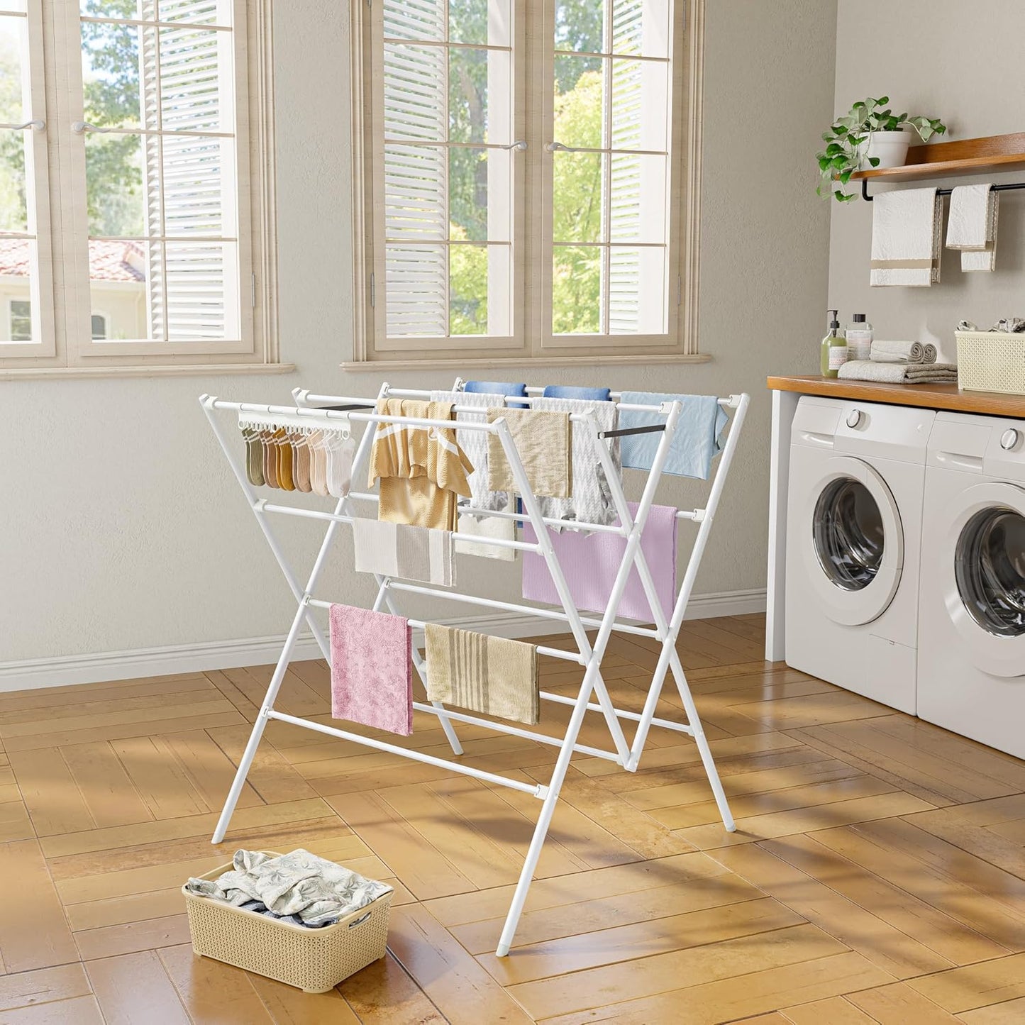HOMIDEC Drying Rack Clothing,Large 12 Drying Poles with Sock Clips Clothes Drying Rack,Foldable Portable Laundry Drying Rack for Air Drying Clothing,Towels,Delicate Eac,Indoor Outdoor Use.Silver