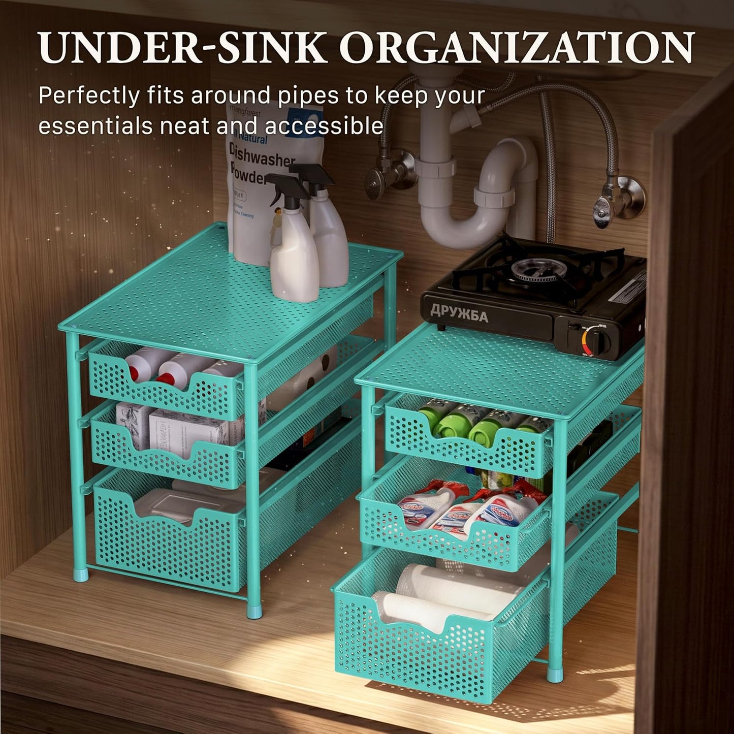 Simple Houseware Stackable 2 Tier Sliding Basket Organizer Drawer, White