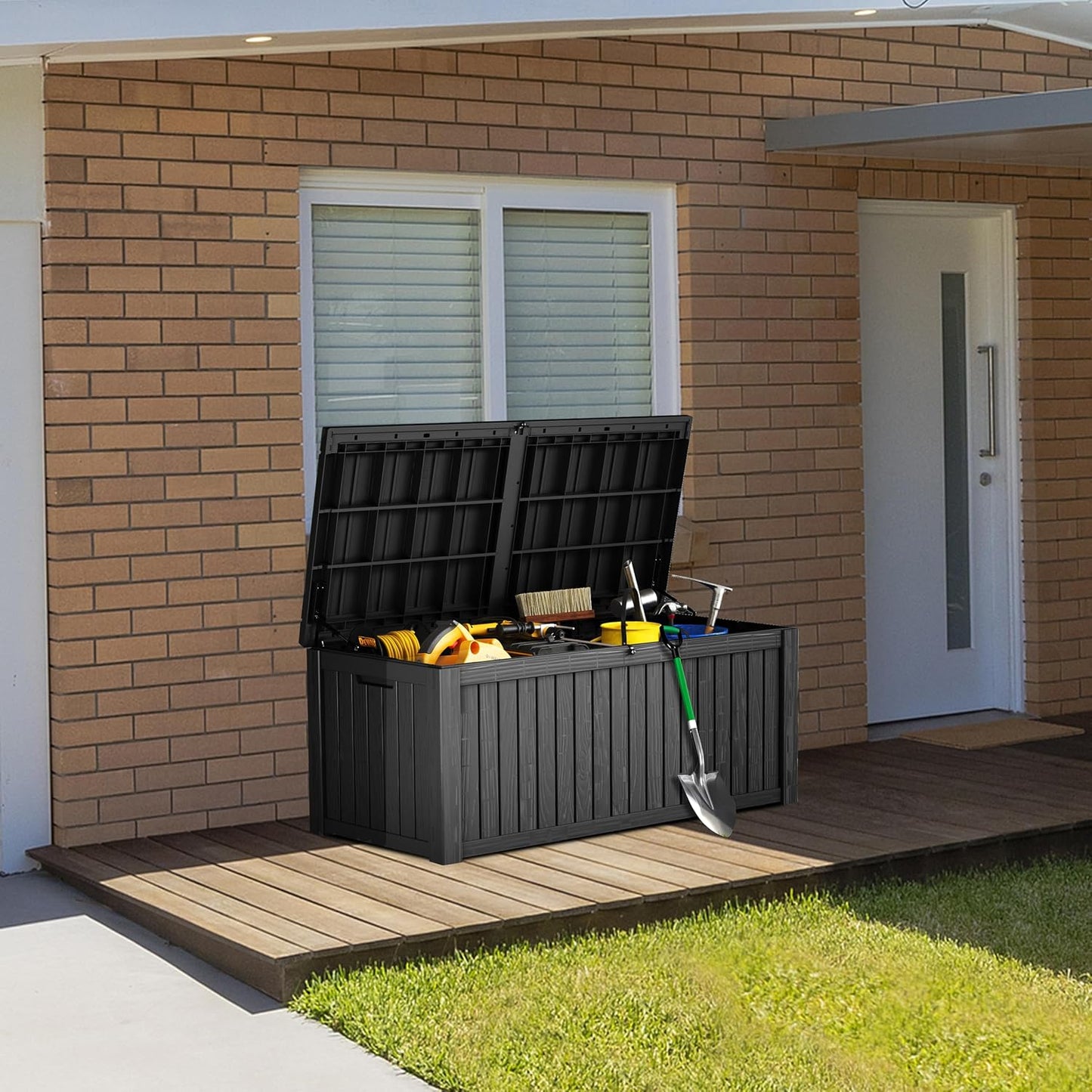 TARKARI 320 Gallon Lockable Resin Deck Box, Waterproof & UV-Resistant Outdoor Storage Box for Outdoor Cushion Storage, Garden Tools & Pool Accessories Storage, Black