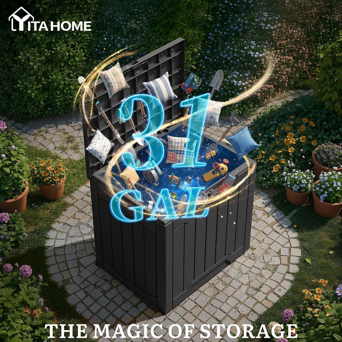 YITAHOME 134 Gallon Large Deck Box | Waterproof Resin Outdoor Storage Box with Lock, Doubles as 2-Person Bench Seating for Patio Furniture Cushions,Garden Tools &