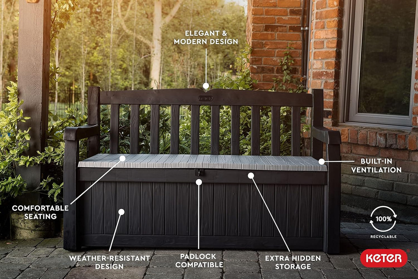 Keter Solana 70 Gallon Storage Bench Deck Box for Patio Furniture, Front Porch Decor and Outdoor Seating – Perfect to Store Garden Tools and Pool Toys, Brown/Brown