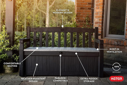 Keter Solana 70 Gallon Storage Bench Deck Box for Patio Furniture, Front Porch Decor and Outdoor Seating – Perfect to Store Garden Tools and Pool Toys, Brown/Brown