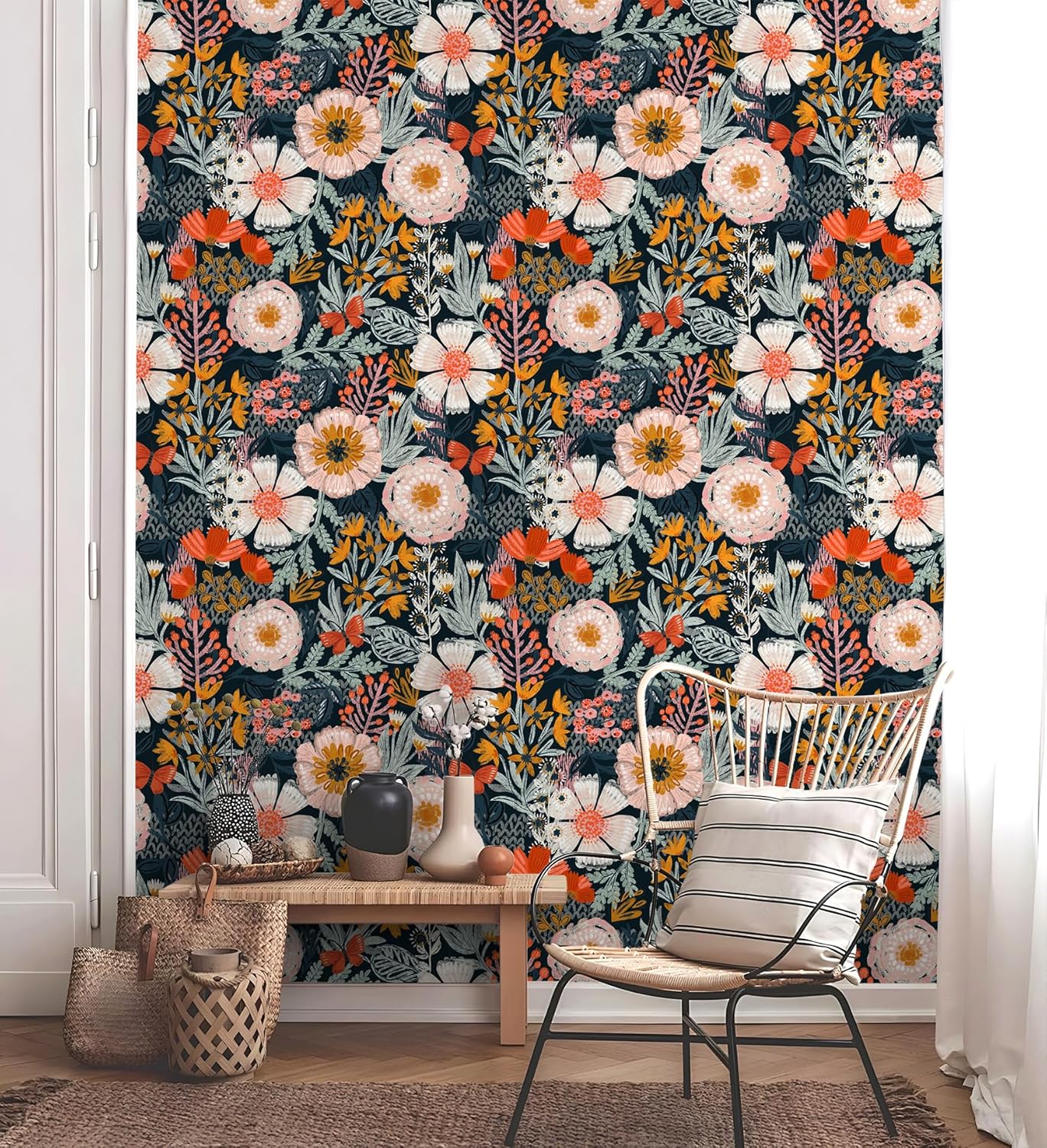 HAOKHOME Boho Peel and Stick Wallpaper Floral Wall Paper Removable for Bedroom Navy/Pink/Orange Contact Paper 17.7in x 9.8ft