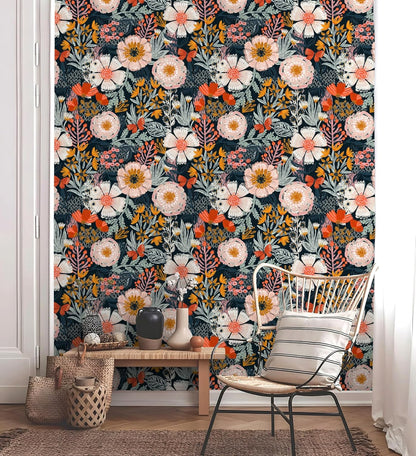 HAOKHOME Boho Peel and Stick Wallpaper Floral Wall Paper Removable for Bedroom Navy/Pink/Orange Contact Paper 17.7in x 9.8ft