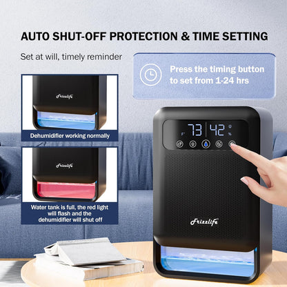 Frizzlife DH80 Air Dehumidifier, 135oz Water Tank W/Purifying Function, Quiet Small Dehumidifiers With Sleep Mode For Home, Bedroom, Bathroom, Basement W/Auto Shut Off, 7 Colors LED Light, White