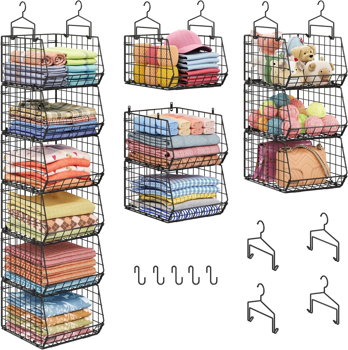 8-Tier Extended Depth Hanging Closet Organizers and Storage for Closet System, Stackable Closet Shelves with 4 Adjustable Dividers for Clothes Sweaters Purses, Wire Hanging Basket Fits Closet Laundry