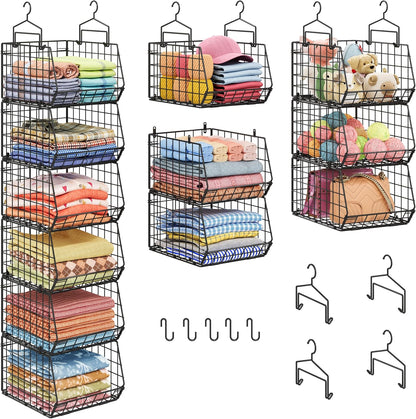 8-Tier Extended Depth Hanging Closet Organizers and Storage for Closet System, Stackable Closet Shelves with 4 Adjustable Dividers for Clothes Sweaters Purses, Wire Hanging Basket Fits Closet Laundry