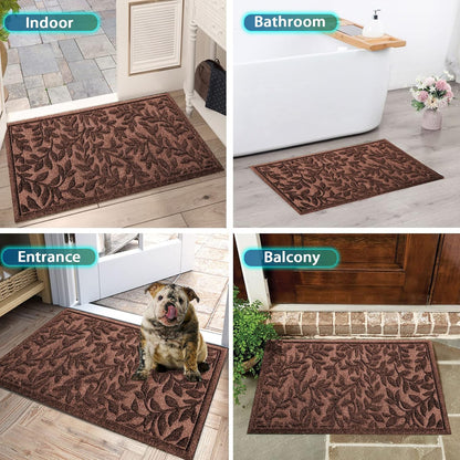 Bulijojo Sturdy Front Entrance Doormats,Durable Heavy Duty Welcome Mat,Thick Absorbent Natural Rubber Non Slip Mat,Easy Clean Entryway Mat 17x30 Inch Leaves Green