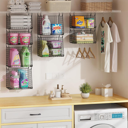 4-Tier Hanging Laundry Room Organizer: Foldable Wire Shelf Basket with 2 Large Hooks 1.65" & 360°Rotating Hooks – Space-Saving Laundry Storage Basket, for Wardrobe Closet Storage, White Patent