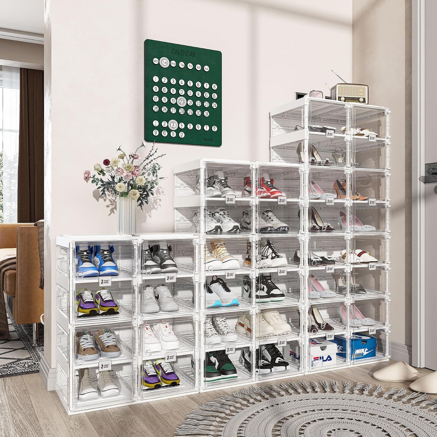 ANTBOX Collapsible Shoe Boxes Clear Plastic Stackable, Quick Setup Drop Front Shoe Organizer, Display Storage Cabinet for Sneakers10 Tiers 20 Pairs