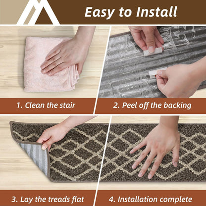 COSY HOMEER Soft Stair Treads Non-Slip Carpet Mat 28inX9in Indoor Stair Runners for Wooden Steps,Stair Rugs for Kids and Dogs, 100% Polyester TPE Backing 7pcs,Black,Rhombus