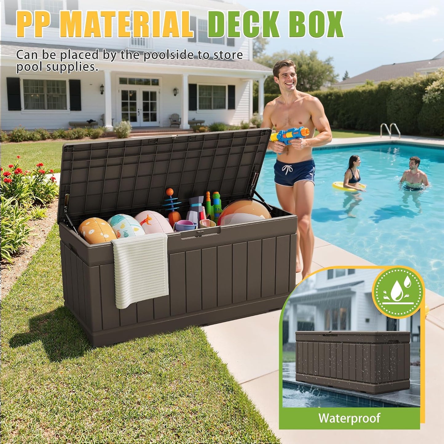 Greesum Outdoor Storage Box 82 Gallon Storage Bin with Lid for Patio Furniture, Garden Tools, Pool Supplies, Waterproof and UV Resistant, Lockable, Black