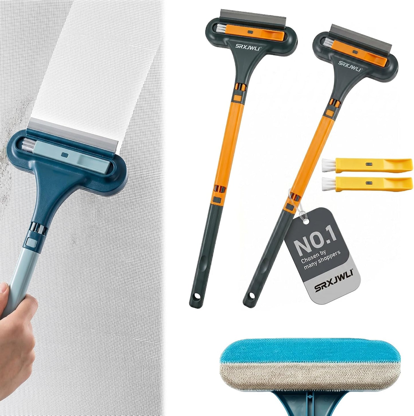 Window Screen Cleaner Tool Outdoor Mesh Cleaning Brush Full Crystal Glass Door LCD Track Hose Washer Windshield Clean 2-in-1 Multi-Purpose Double-Sided Kit with Vacuum Squeegee Handle(Blue)