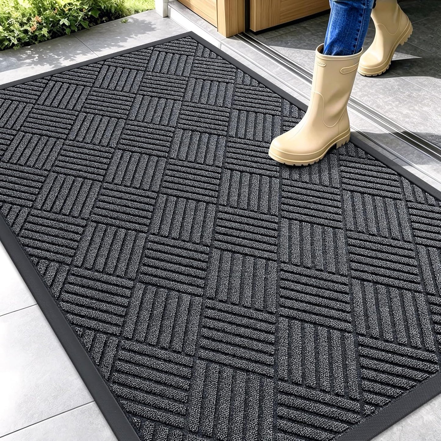 OLANLY Front Door Mat Outside Entrance 29.5x17, Absorbent, Heavy Duty Sturdy Natural Rubber Doormat Indoor Outdoor, Stain and Fade Resistant, Non-Slip Low Profile Floor Mat for Entryway, Grey Diamond