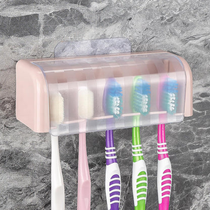5 Slots Wall Mount Toothbrush Holder with Cover, Self Adhesive Toothbrush Storage Organizer for Shower, Toothbrush Hanger with Automatic Toothpaste Squeezer Dispenser