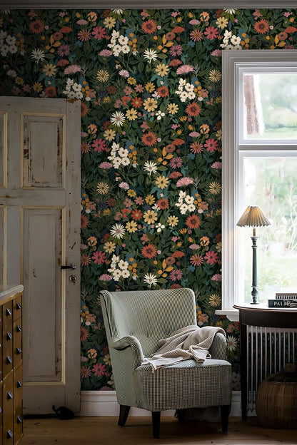 Wallpaper Peel and Stick Boho Wall Paper Removable Waterproof Green Floral Contact Paper for Bedroom, Bathroom,Bathroom, Home Wall 17.3" x 118"