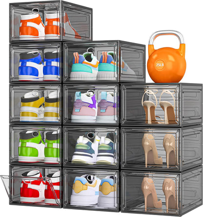 7 code Thicken & Sturdy Clear Shoe Storage Organizer with Magnetic Door, Stackable Boxes for Closet, Foldable Shoe Rack for Sneaker Boot Container, Plastic Shoe Cabinet Shoe Box 6 Pack, Black