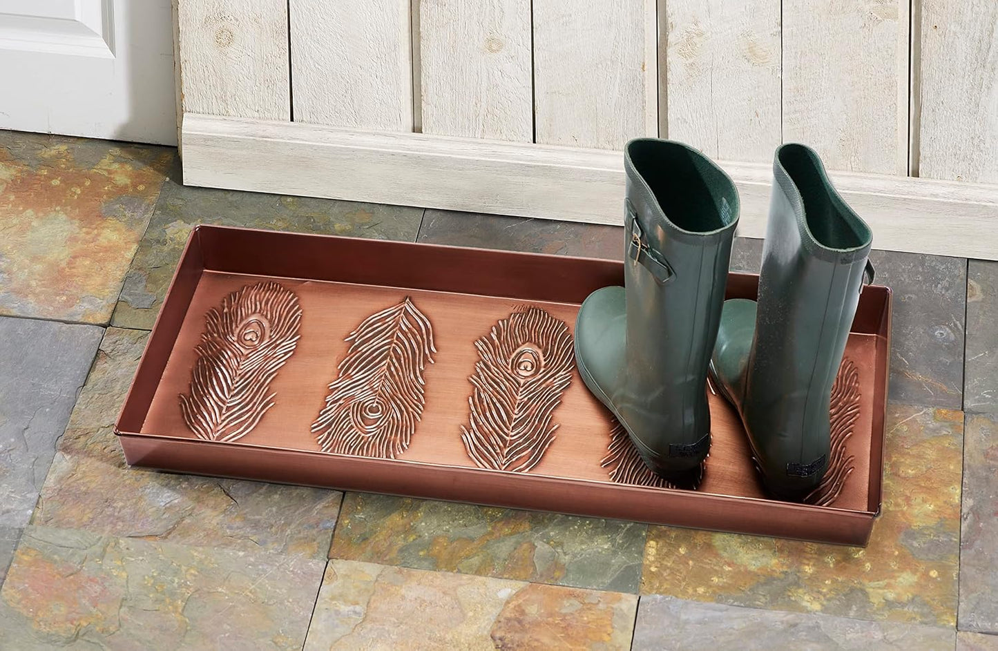HF by LT Birch Forest Pattern Metal Boot Storage Tray, 30 x 13 inches, Antique Copper Finish