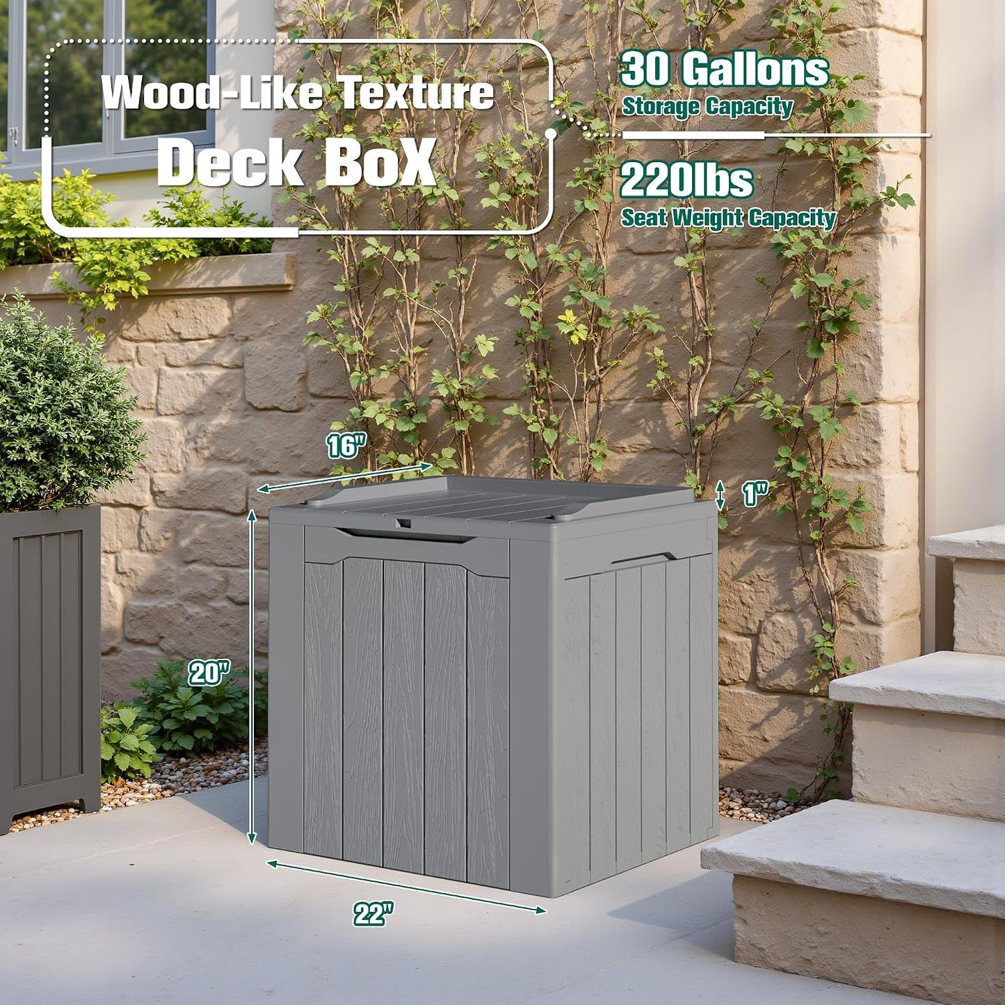 Devoko 30 Gallon Resin Deck Box Waterproof Outdoor Storage Box for Patio Furniture Pool Accessories Indoor Storage for Cushion Garden Tools (30 Gallon, Black)