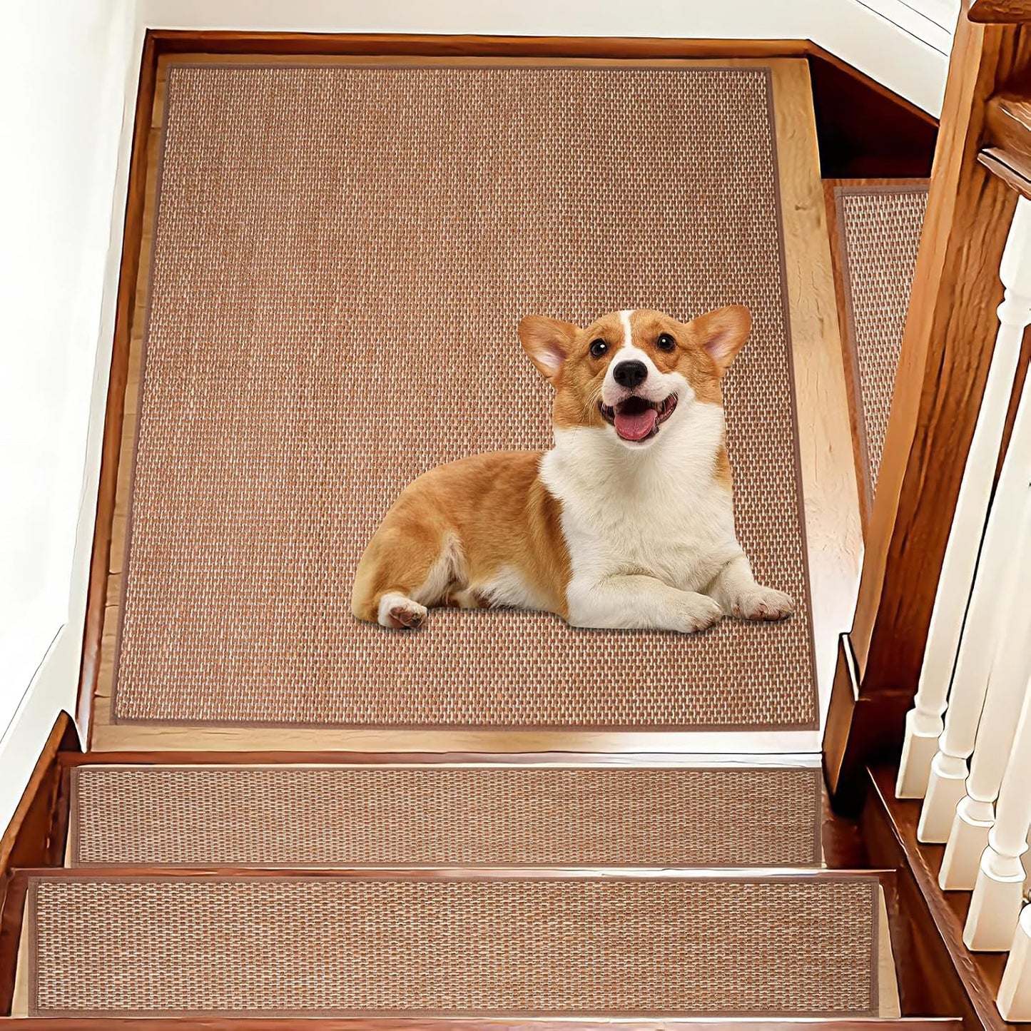 Carpet Stairs Runner for Wood Stairs, 30"x 30",Reusable Washable Self-Stick Stair Treads, for Indoor Steps, Non Slip for Kids Elders and Pets Stair Mats Residue Free, Beige 1-Pack