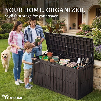 YITAHOME 134 Gallon Large Deck Box | Waterproof Resin Outdoor Storage Box with Lock, Doubles as 2-Person Bench Seating for Patio Furniture Cushions,Garden Tools &