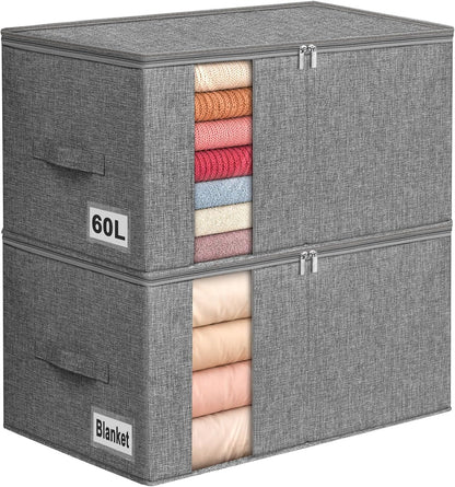 60L Blanket/Comforter Storage Bag w/Rigid Side & Bottom Support, Stackable Clothes Storage Bin for Sweaters Bedding Sets Quilts Pillows, Closet Organizer, 21.7x14.2x11.8in, 2 Pack, Gray