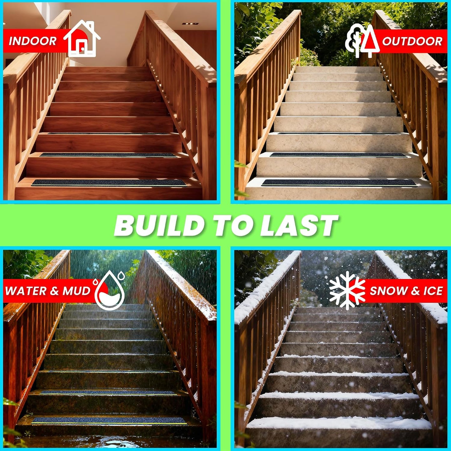 LifeGrip Anti Slip Traction Treads 10 Pack, 6"x32" with Glow in Dark Stripe, Best Grip Tape Grit Non Slip, Outdoor Non Skid Tape, High Traction Friction Abrasive Adhesive for Stairs Step