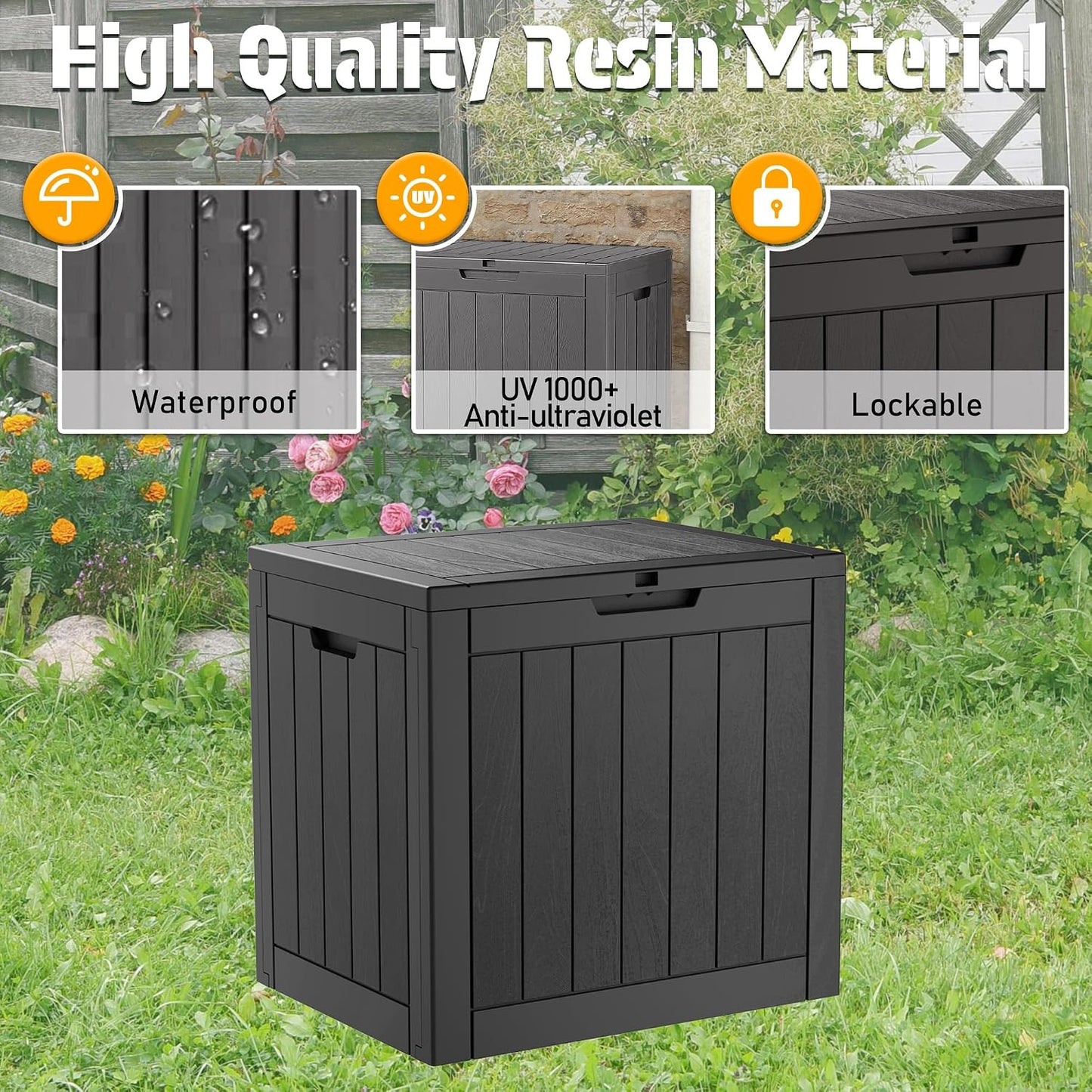 NUNU LAB Outdoor Storage Box, 45 Gallon Outside Deck Box Waterproof, Resin Outdoor Storage Cabinet With Lockable Lid, Backyard Storage Bench For Garden Tools, Patio Cushions, Pool Tools, Black