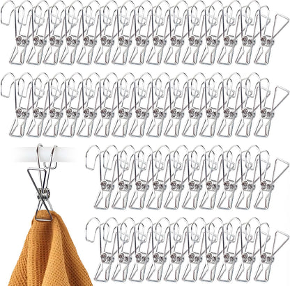 12+2 PCS 304 Stainless Steel Short Tail Hanger Clip with Hook, Durable Hanging Clips, Heavy Duty Multifunctional Hangers Use for Display Storage Items