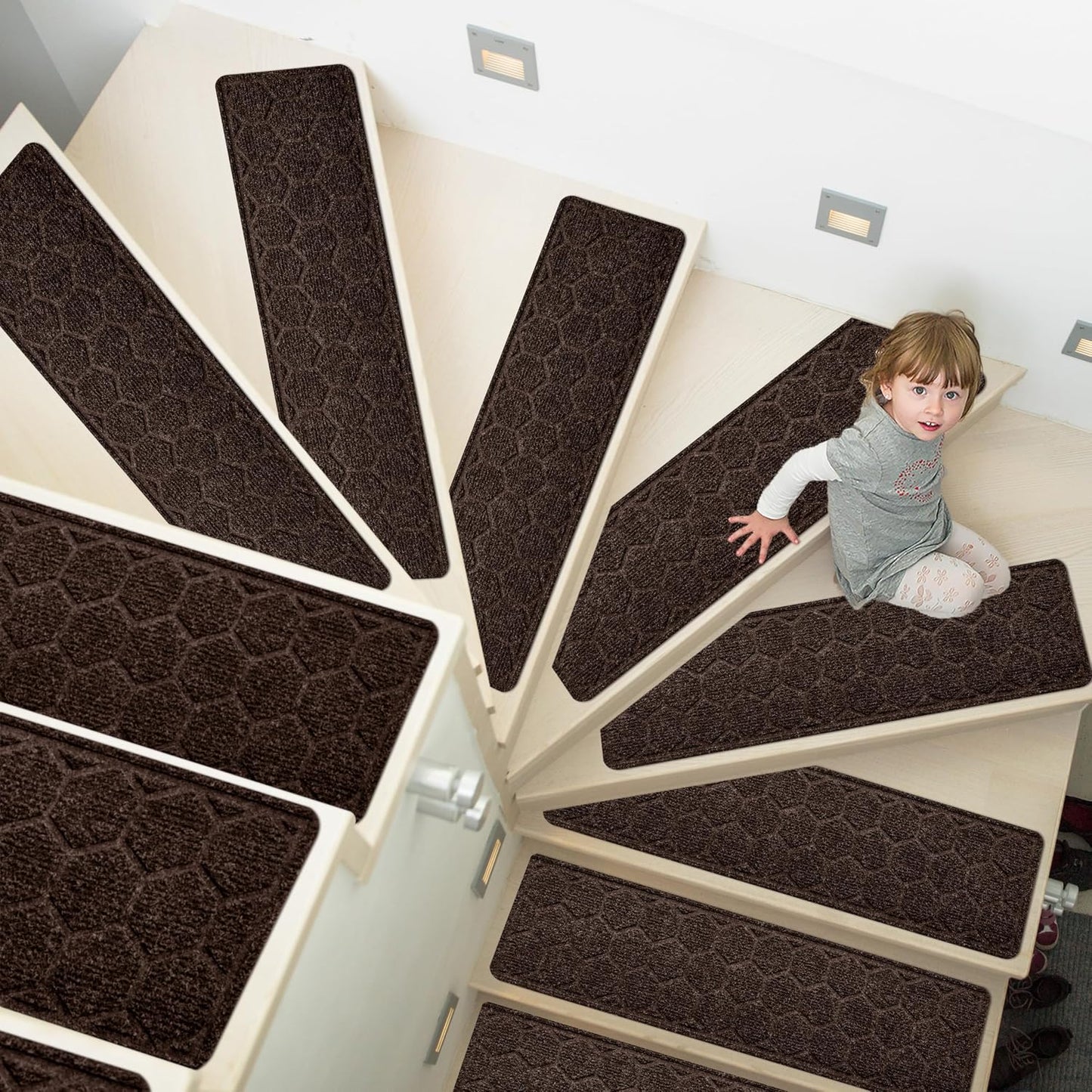15 Pack 8 "X 30" Non-Slip Carpet Stair Treads for Indoor Wooden Steps, Made of Polyester and Reusable Adhesive, Suitable for Kids Elders and Pets（Black Lines）