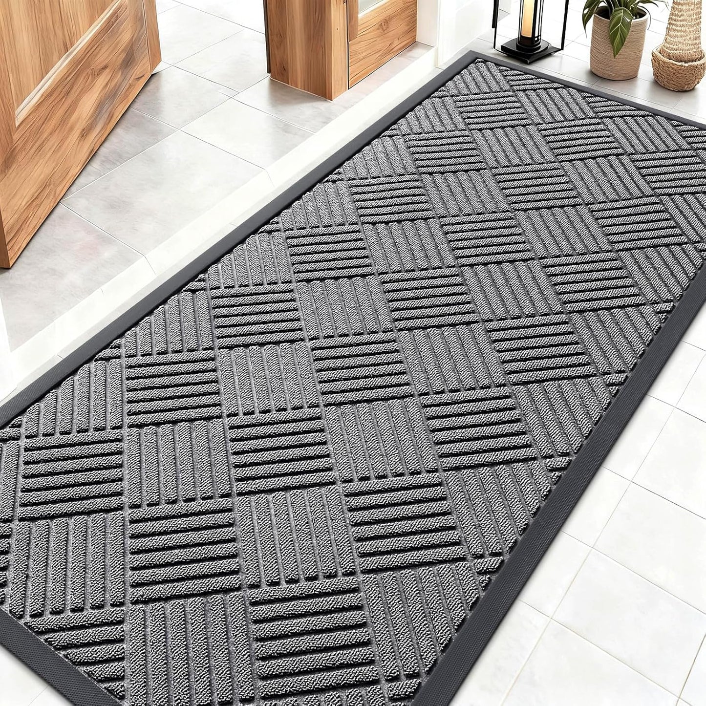 OLANLY Front Door Mat Outside Entrance 29.5x17, Absorbent, Heavy Duty Sturdy Natural Rubber Doormat Indoor Outdoor, Stain and Fade Resistant, Non-Slip Low Profile Floor Mat for Entryway, Grey Diamond