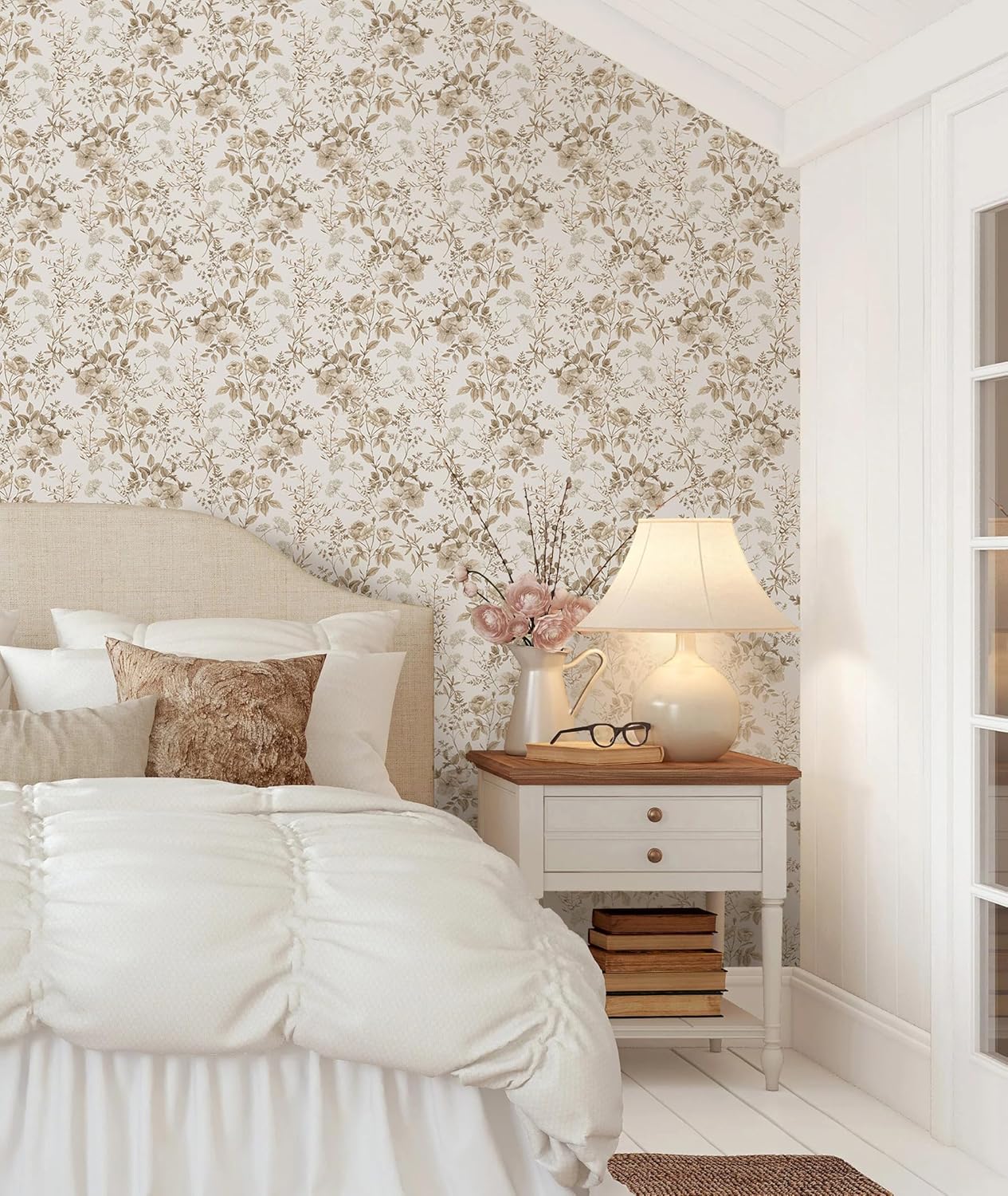 Erfoni 16.9" x118" Boho Floral Peel and Stick Wallpaper Beige Flower and Leaf Contact Paper Self Adhsive Removable Wallpaper Boho Botanical Wall Paper for Bedroom Cabinets Decor Vinyl Roll Waterproof
